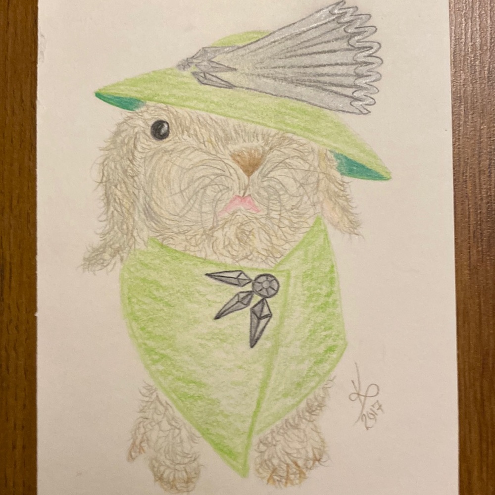 Unframed Original Art Drawing Royal Ascot Bunny in Elaborate Hat Pencil Crayon